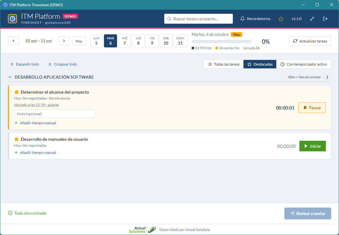 Tarea con cronómetro en marcha, hora de inicio ajustable y campo de nota opcional