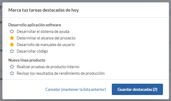 Selector diario de tareas destacadas agrupadas por proyecto