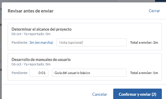 Panel Revisar antes de enviar con tiempo ya reportado, pendiente, nota y total a enviar por tarea